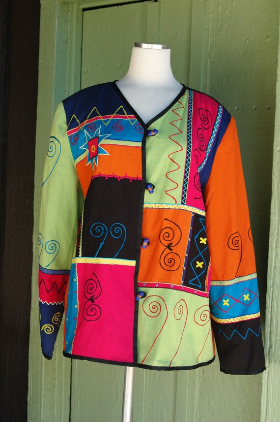 1990s 2000s Funky Colorful Patchwork Unique Jacke… - image 4
