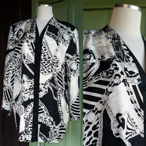 1980s 1990s Black and White Silk Print Diane Freis Blazer Jacket // 80s 90s Silk Double Layer Look Jacket