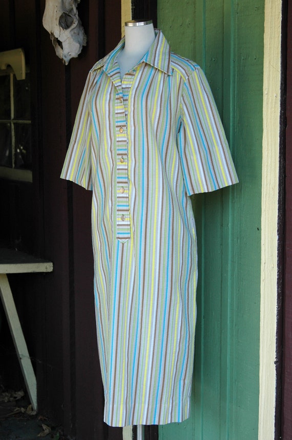 1960s Beige Tan Blue Yellow Green Striped Shirt D… - image 7