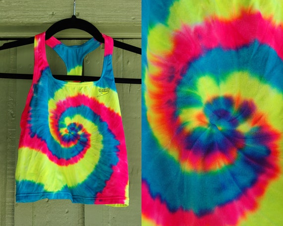 1990s Yellow Pink Blue Tie Dye Speedo Sports Bra … - image 1