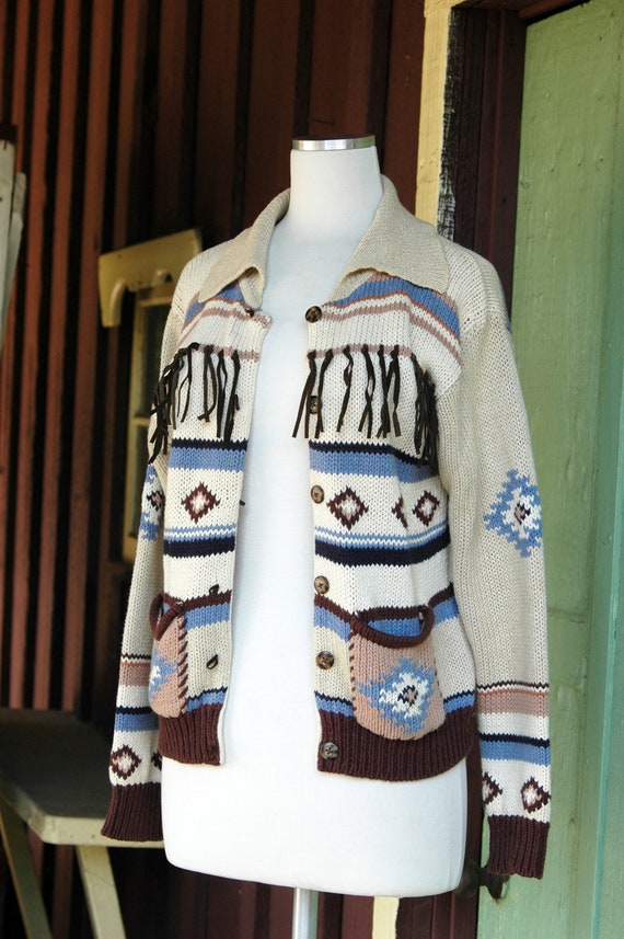 1990s Tan Brown Blue South Western Inspired Cardi… - image 3