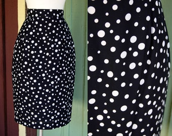1980s 1990s Navy Blue and White Polka Dot Pencil Skirt // 80s 90s Polka Dot Skirt