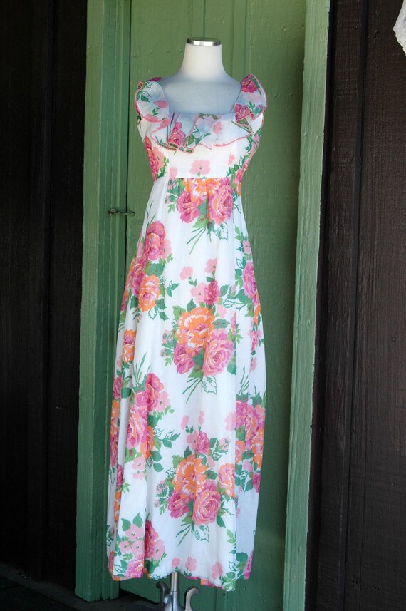 1970s White Pink Orange Green Floral Maxi Dress // 70s Spring