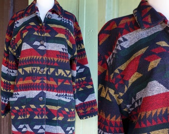 1980s 1990s Navy Blue Red Yellow Southwestern Print Wool Jacket // 80s 90s Country Ranchwear Western New Mexican Style Sweater Jacket