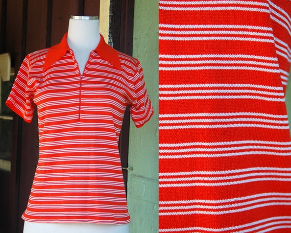 1960s 1970s Orange White Striped Half Zip Collared
