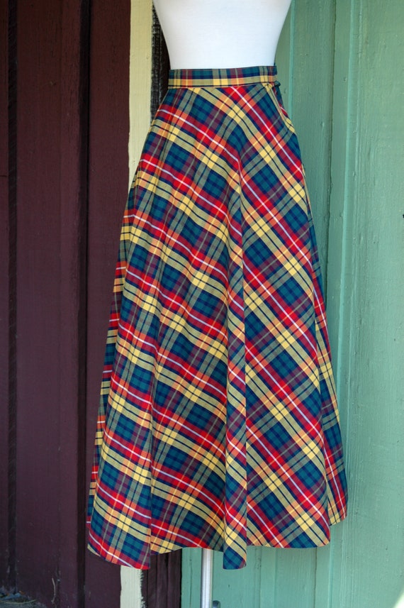 HOLIDAY 1960s Yellow Red Green Plaid Maxi Skirt /… - image 6