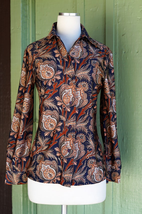 1970s Navy Blue Brown Tan Paisley Long Sleeve But… - image 2