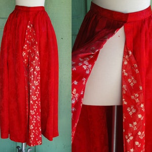 HOLIDAY 1950s Red and Gold Pleated Overskirt // 50s Red Floral Print Full Pleated Skirt with Gold Detail