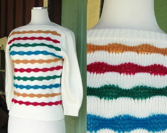 1970s 1980s Colorful Striped Knit Sweater // 70s 80s Andrew St John Ivory Knit Sweater with Pink, Blue, Green, Yellow Stripes