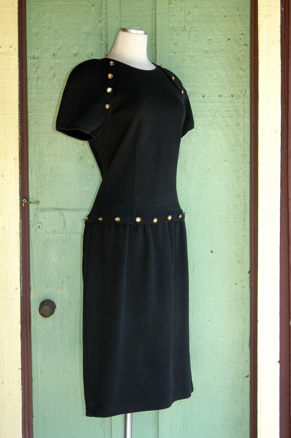 1980s 1990s Black Drop Waist Midi Dress with Gold… - image 5