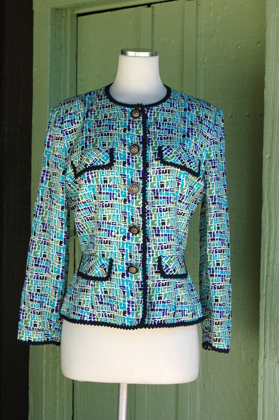 1990s White Blue Green Silk Abstract Print Blazer… - image 5