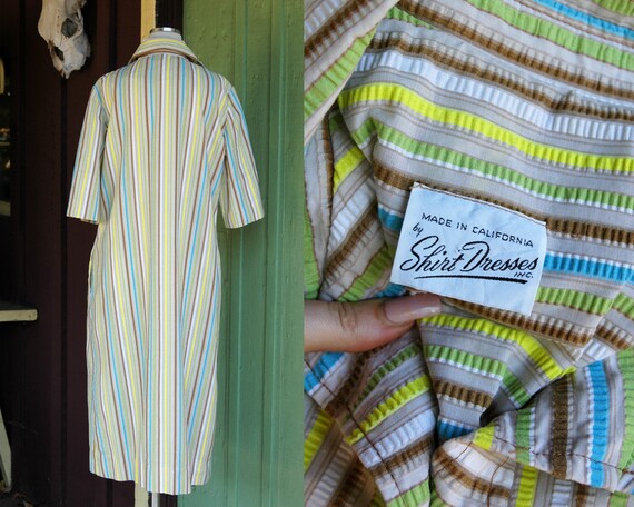 1960s Beige Tan Blue Yellow Green Striped Shirt D… - image 10