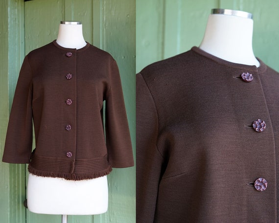 1960s Brown Knit Cardigan Sweater with Fringe Tri… - image 1