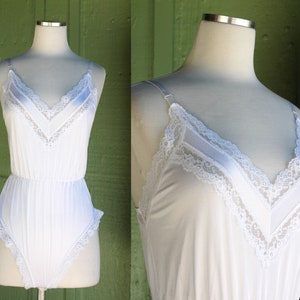 1970s White Nylon Lingerie Lace Trimmed Romper Onesie by Deena // 70s Spaghetti Strap V Neck High Cut Booty Short White Lace Bodysuit