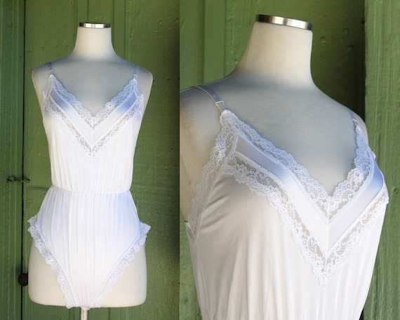 1970s White Nylon Lingerie Lace Trimmed Romper On… - image 1