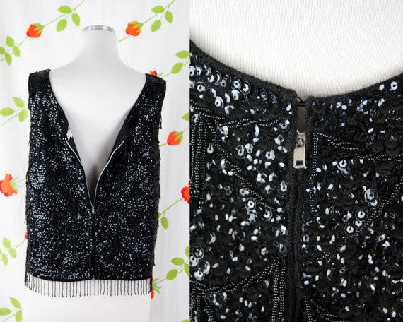 1960s Black Sequin Beaded Fringe Tank Top // 60s … - image 7