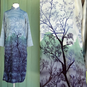 1990s 2000s Blue Tonal Tree Print Cheongsam Dress Tunic // 90s Y2K Long Sleeve Mandarin Collar Qipao Midi Dress