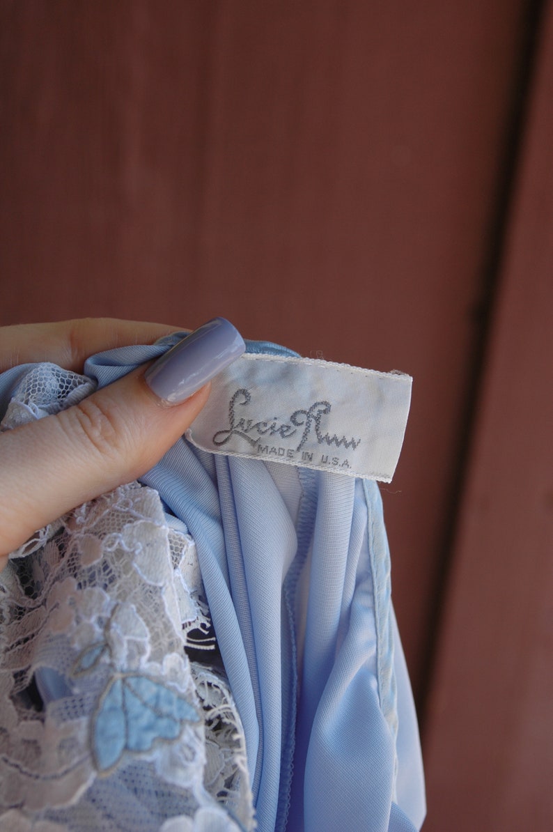 1960s Lucie Ann Light Blue Nightgown with White Lace Trim 60s Blue Long Flowy Nightgown