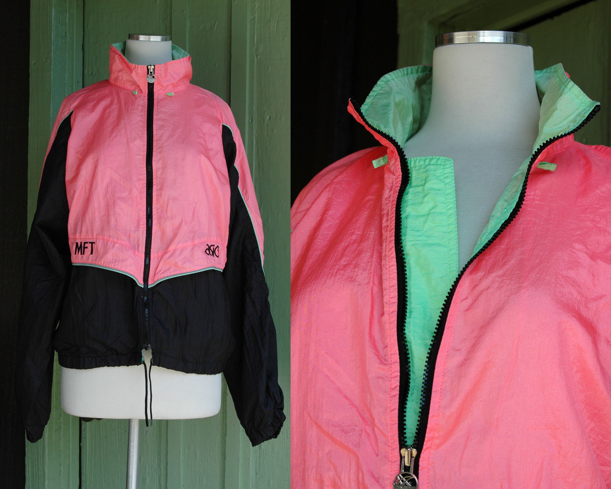 1990s Pink Black Green Asics Athletic Warm up Jacket // 90s Day