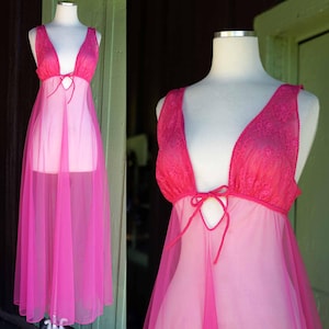 1960s 1970s Bright Pink Nylon and Lace Nightgown // 60s 70s Lace Bust Bow Detail Sheer Pink Maxi Nightgown