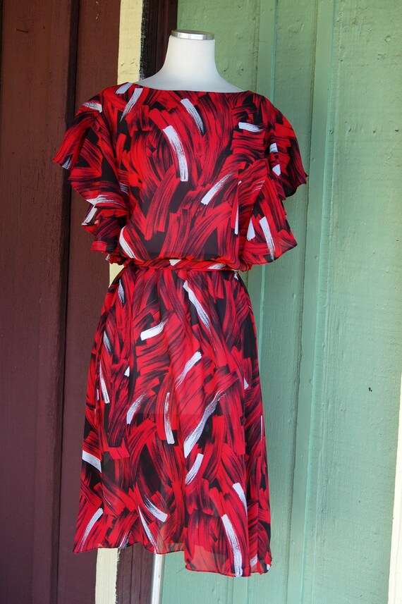 1980s Red White Black Abstract Brush Print Sheer … - image 2