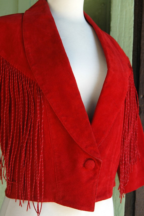 1990s Dark Red Suede Cropped Jacket with Fringe T… - image 7