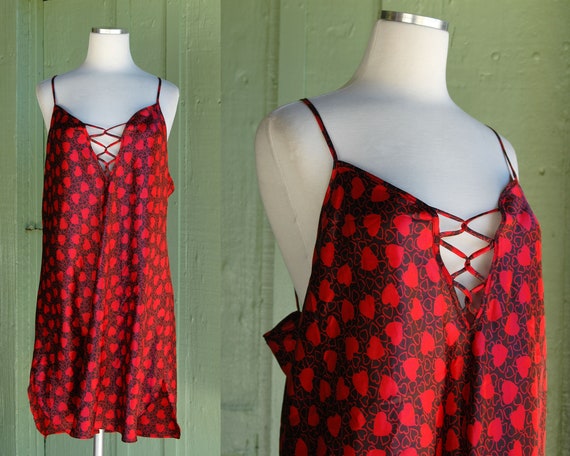 1980s Black Red Heart Print Slip Dress Short Nigh… - image 1