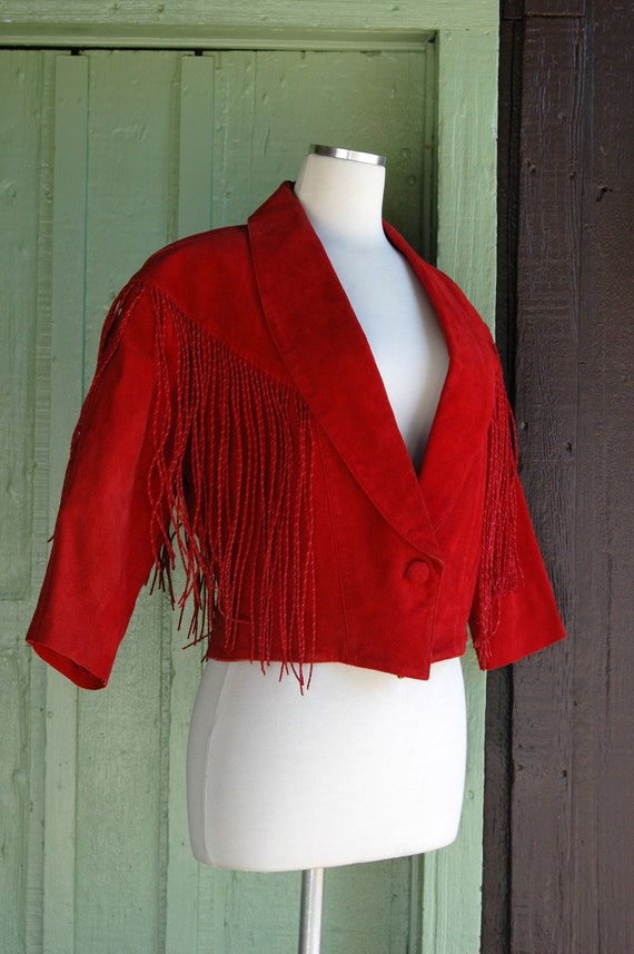 1990s Dark Red Suede Cropped Jacket with Fringe T… - image 6