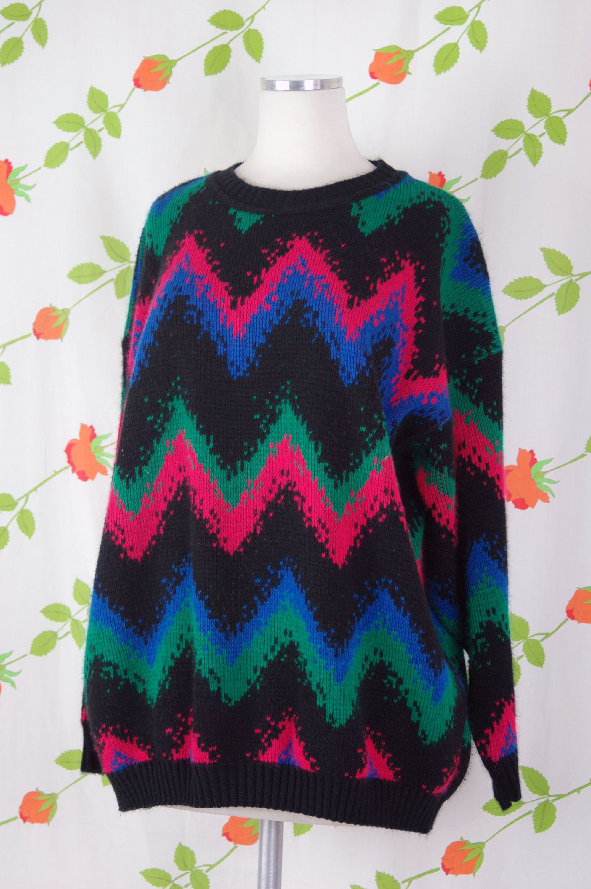 【70~80s ZIGZAG print sweatshirt】 1980s 1990s Black Blue Green Pink Zig Zag Striped Knit