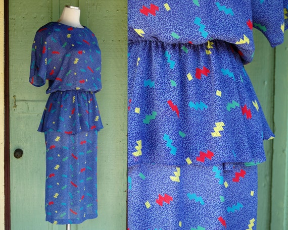 1980s 1990s Blue Confetti Print Peplum Dress / 80… - image 1