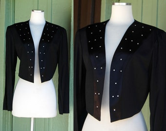 1990s Black Cropped Evening Jacket with Prong Set Rhinestone Trim // 90s DJ Summers Cropped Blazer Formal Jacket