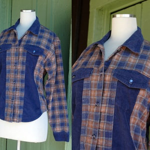 1990s Blue Brown Plaid Corduroy Long Sleeve Button Up // 90s Ellemenno Corduroy Collared Shirt