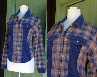 1990s Blue Brown Plaid Corduroy Long Sleeve Button Up // 90s Ellemenno Corduroy Collared Shirt