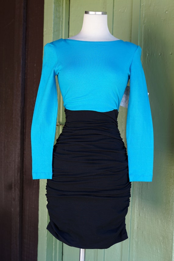 1980s 1990s Teal Black Ruched Tight Stretchy Mini… - image 4