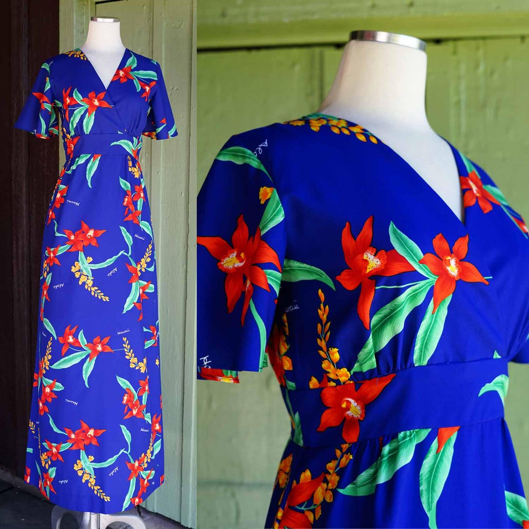 1970s 1980s Blue Red Green Hibiscus Hawaiian Floral Maxi Dress // 70s ...