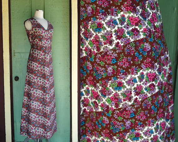 1960s 1970s Striped and Floral Maxi Dress // 60s … - image 1