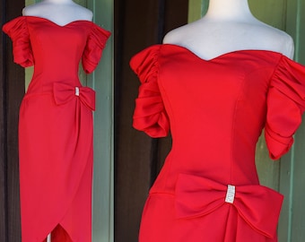 1980s 1990s Red Off the Shoulder Formal Dress with Bow and Wrap Skirt // 80s 90s Prom Dress Evening Gown