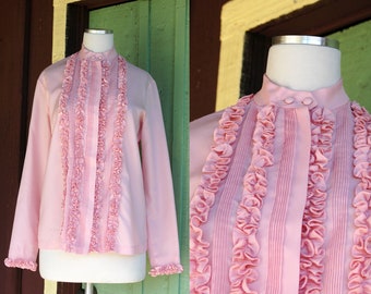 1970s Pale Pink Ruffle Front Tuxedo Blouse // 70s Retro Pink Striped Ruffled Tuxedo Shirt