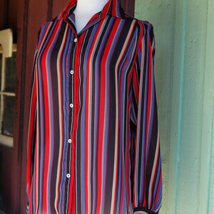 May include: A long-sleeved button-down shirt with vertical stripes in red, blue, black, and beige.