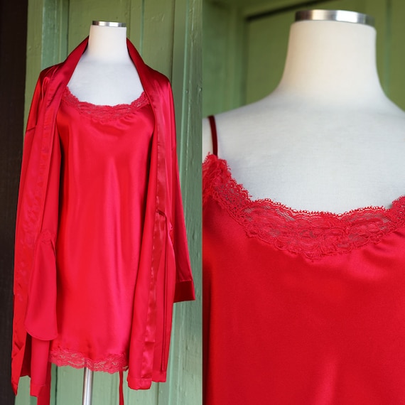 1990s Red Victorias Secret Satin Short Slip Dress and Robe Set