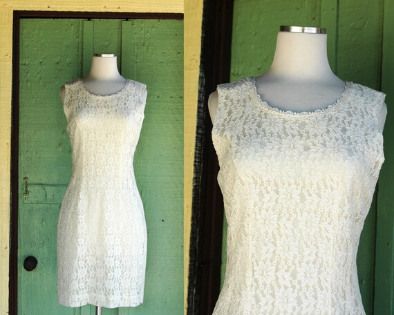 1990s Ivory White Lace Dress // 90s Sleeveless Lac