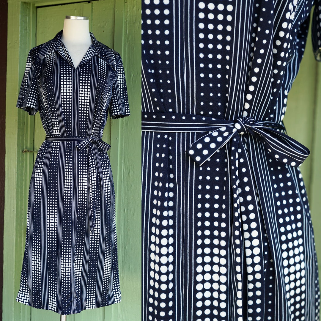 1970s Navy Blue White Striped Polka Dot Shift Dress With Tie Belt ...