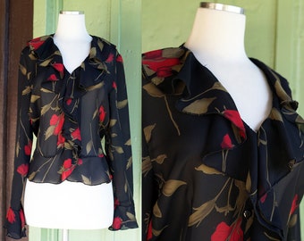 1990s Sheer Black Blouse with Red and Green Rose Print // 90s Ruffled Collar Moody Floral Cropped Long Sleeve Blouse