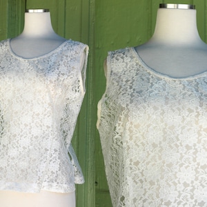 1970s 1980s Ivory White Sheer Floral Lace Tank Top // 70s 80s Scoop Neck Sheer Lace Shell Top