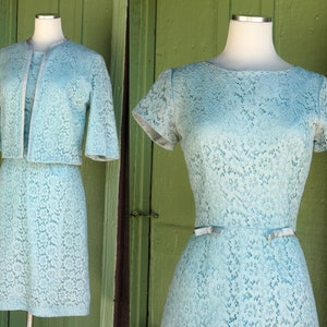 1950s 1960s Light Blue Lace Wiggle Dress and Jacket Set // 50s 60s Dress and Matching Cropped Jacket Set