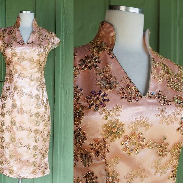 2000s Peach and Gold Metallic Sequin Floral Dress // Y2K Cap Sleeve Hourglass Fancy Party Dress