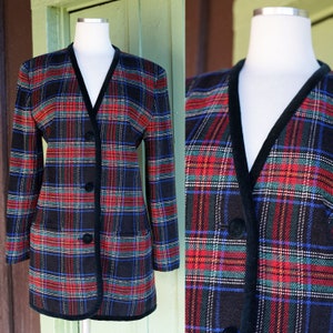 1990s Black Red Green Blue Plaid Chenille Wool Collarless Blazer // 90s Liz Claiborne Slim Chic Blazer Jacket