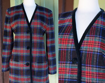 1990s Black Red Green Blue Plaid Chenille Wool Collarless Blazer // 90s Liz Claiborne Slim Chic Blazer Jacket