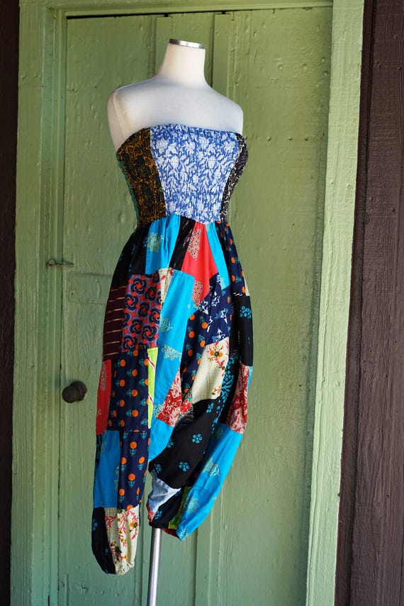 2000s Patchwork Strapless Smocked Harem Pants Jum… - image 6
