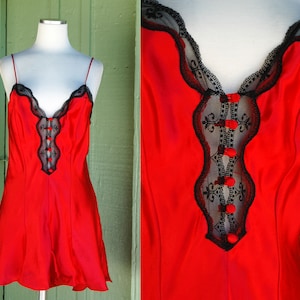 1990s Red Satin Black Lace Trim Victoria's Secret Bodysuit // 90s VS Gold Label Tap Short Romper Lingerie